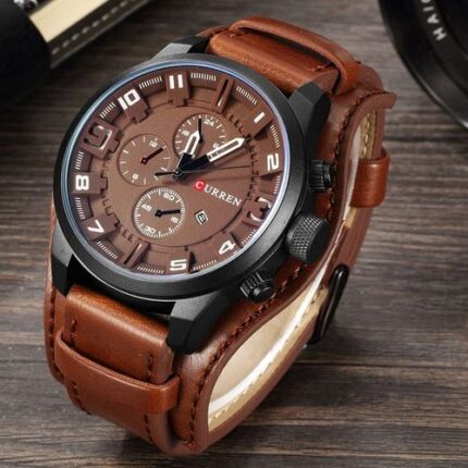 Curren Exotic Leather Strap Military Sports Men Watch-Coffee Brown