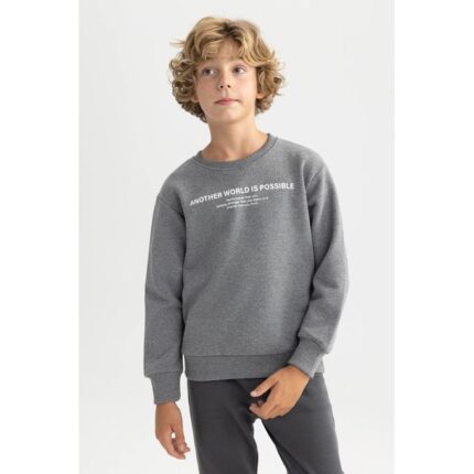 Boy Casual New Regular Fit Crew Neck Long Sleeve Knitted Sweat Shirt - Anthracite