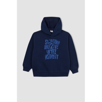 Boy Casual Oversize Fit Hooded Long Sleeve Knitted Sweat Shirt - Navy Blue