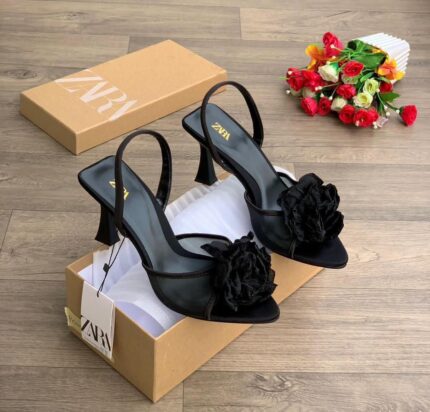 ZARA FLOWER DETAIL SLINGBACK HEELED PUMP IN BLACK