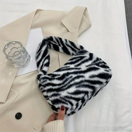 Vintage Style Faux Fur Single Strap Handbag with Zipper Closure and Polyester Lining