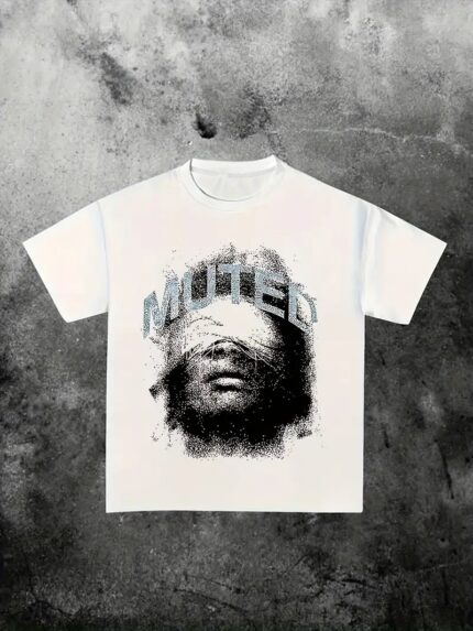 Women's Artistic Portrait Doodle Print T-Shirt with Muted Text & Blindfold Design - Casual Graphic Tee