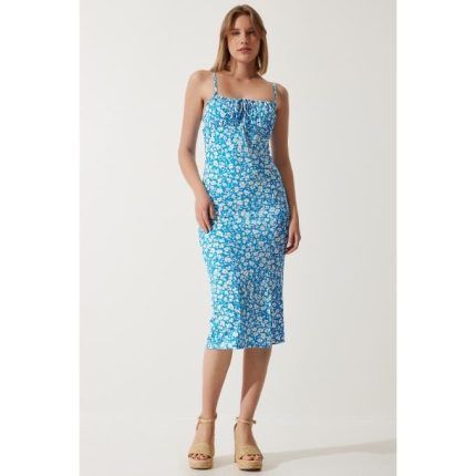 Women's Blue Floral Slit Knitted Summer Dress